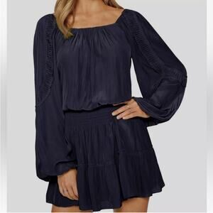 Ramy Brook Long Sleeve Smocked Waist Silvy Mini Dress Navy Blue Size XS